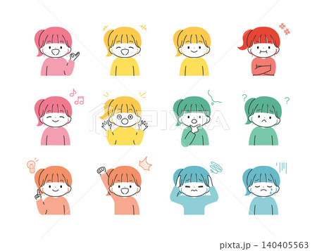 女の子のいろいろな表情セット(上半身)カラフル感情カラー 女の子のいろいろな表情セット(上半身)カラフル感情カラー 140405563