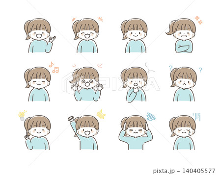 女の子のいろいろな表情セット（上半身）手描き風カラー 140405577