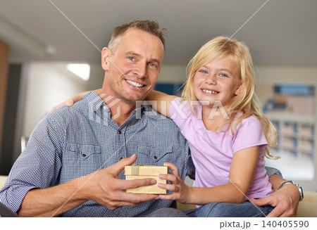 Hug, father and child with present in home, portrait on birthday or giving a box for special event. Family, gift and offer dad gold package to show gratitude, love or kid with kindness in living room Hug, father and child with present in home, portrait on birthday or giving a box for special event. Family, gift and offer dad gold package to show gratitude, love or kid with kindness in living room 140405590
