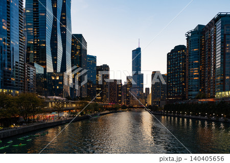 Downtown architecture and river. Chicago River cruises in City. Architectural Chicago city downtown. Skyscraper architecture. City cityscape. Cityscape with building Downtown architecture and river. Chicago River cruises in City. Architectural Chicago city downtown. Skyscraper architecture. City cityscape. Cityscape with building 140405656