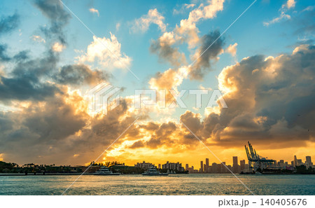 Skyscape with sea horizon. Horizon sunrise sea with ship. Sunrise seascape. Romantic summer vacation seascape. Golden hour. Sea sunset horizon. Sunset cloudy sky. Seascape at summer vacation 140405676