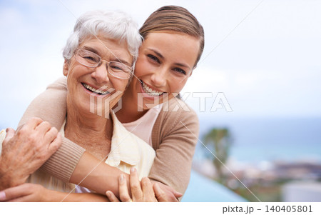 Happy women, mother and daughter hug in portrait smile, excited and show affection in mockup space. Lovely family, mom and girl on vacation enjoy, retirement and embrace with happiness and joy 140405801