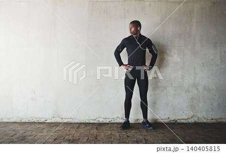 Man, relax and earphones for fitness outdoor with mockup space, listening to podcast or exercise for healthy body. Athlete, african person and rest with audio, music or sound for workout with mockup Man, relax and earphones for fitness outdoor with mockup space, listening to podcast or exercise for healthy body. Athlete, african person and rest with audio, music or sound for workout with mockup 140405815
