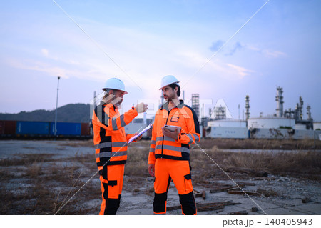 Engineers discussing inspection work outside oil refinery and petrochemical processing facility 140405943