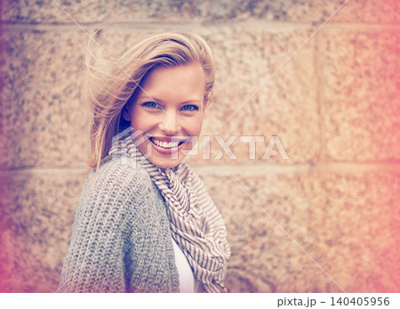 Autumn, fashion and portrait of happy woman in wall, outdoor and brick background. Casual, style and girl with beauty from makeup, cosmetics or positive attitude in city with cardigan and scarf Autumn, fashion and portrait of happy woman in wall, outdoor and brick background. Casual, style and girl with beauty from makeup, cosmetics or positive attitude in city with cardigan and scarf 140405956