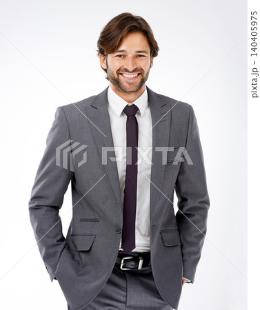 Happy businessman, portrait and fashion with style for career ambition or opportunity on a white studio background. Face of handsome man, employee or professional in confidence or suit for business Happy businessman, portrait and fashion with style for career ambition or opportunity on a white studio background. Face of handsome man, employee or professional in confidence or suit for business 140405975