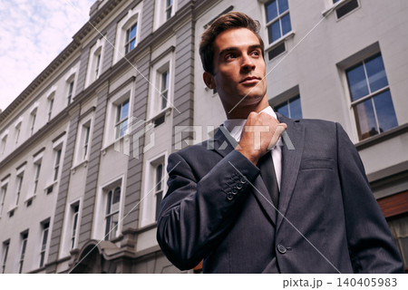 Businessman, buildings and thinking in city for travel to meeting, interview or job outdoors. Professional man, suit and tie with confidence for idea, vision and planning in morning in Australia Businessman, buildings and thinking in city for travel to meeting, interview or job outdoors. Professional man, suit and tie with confidence for idea, vision and planning in morning in Australia 140405983