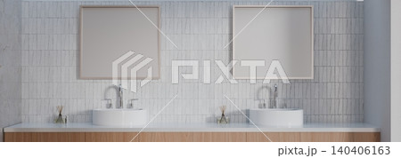 Contemporary bathroom design with double vanity white tile wall and blank mirror frames 3D render Contemporary bathroom design with double vanity white tile wall and blank mirror frames 3D render 140406163