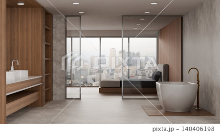 Elegant contemporary bathroom with freestanding bathtub marble walls and panoramic bedroom cityscape 3D render 140406198