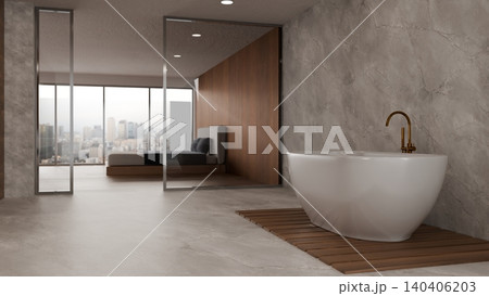 Elegant contemporary bathroom with freestanding bathtub marble walls and panoramic bedroom cityscape 3D render Elegant contemporary bathroom with freestanding bathtub marble walls and panoramic bedroom cityscape 3D render 140406203