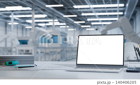 Modern industrial engineering desk with blank laptop screen inside automated smart factory facility Modern industrial engineering desk with blank laptop screen inside automated smart factory facility 140406205