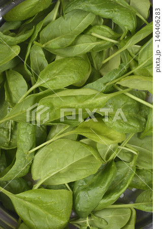 Fresh green spinach leaves in a metal colander 140406283