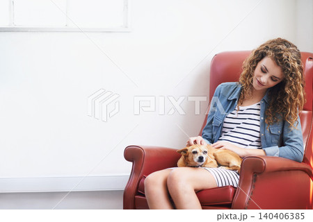 Woman, touch and dog for bonding in home, happy and mockup space for animal care and love in lounge. Female person, puppy and smile for comfort on armchair, loyalty and affection for pet on weekend Woman, touch and dog for bonding in home, happy and mockup space for animal care and love in lounge. Female person, puppy and smile for comfort on armchair, loyalty and affection for pet on weekend 140406385