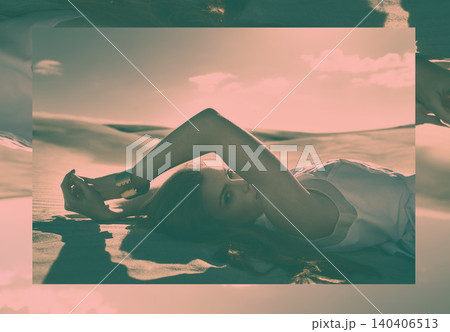 Woman, fashion and dune in desert for portrait with edgy style, summer and mystery in nature with beauty. Girl, person or model with lying on sand, hill or outdoor with confidence, travel or sunshine Woman, fashion and dune in desert for portrait with edgy style, summer and mystery in nature with beauty. Girl, person or model with lying on sand, hill or outdoor with confidence, travel or sunshine 140406513