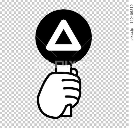 三角の回答札を持った手のイラスト。三角形マークが入ったプレートを持った手のアイコン。質問の答え。 三角の回答札を持った手のイラスト。三角形マークが入ったプレートを持った手のアイコン。質問の答え。 140406819