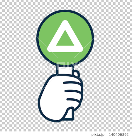 An illustration of a hand holding a triangular answer card. An icon of a hand holding a plate with a green triangle mark. The answer to the question. An illustration of a hand holding a triangular answer card. An icon of a hand holding a plate with a green triangle mark. The answer to the question. 140406892
