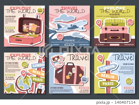 Vacation Planning Poster Collection With Packed Baggage, Flying Plane, Globe And Direction Signpost. Modern Collage Design. Flat Vector Illustration For Social Media Post About Vacation And Travel 140407114
