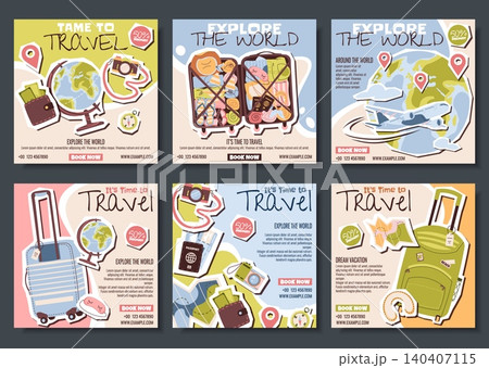 Travel Agency Banner Set With Earth Globe, Packed Luggage, Flying Airplane Around The World, Passport And Map In Trendy Collage Style. Flat Vector Illustration For Social Media Post About Vacation Travel Agency Banner Set With Earth Globe, Packed Luggage, Flying Airplane Around The World, Passport And Map In Trendy Collage Style. Flat Vector Illustration For Social Media Post About Vacation 140407115