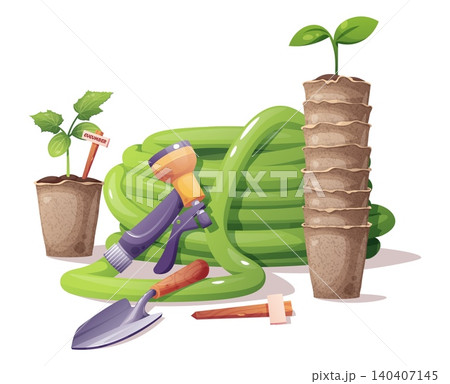 Gardening Set with Cucumber Seedling, Garden Hose, Peat Pots and Trowel. Flat Vector Illustration Perfect for Agricultural Catalog, Gardening Guide or Plant Care Tutorial. Gardening Set with Cucumber Seedling, Garden Hose, Peat Pots and Trowel. Flat Vector Illustration Perfect for Agricultural Catalog, Gardening Guide or Plant Care Tutorial. 140407145