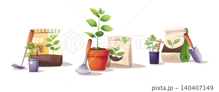 Set of Gardening Compositions with Potted Plants, Cultivators, Shovel, Fertilizer Sacks and Plant Markers Isolated on White. Suitable for Garden Design and Decor. Set of Gardening Compositions with Potted Plants, Cultivators, Shovel, Fertilizer Sacks and Plant Markers Isolated on White. Suitable for Garden Design and Decor. 140407149