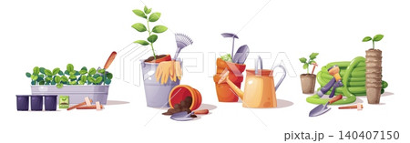 Set of Gardening Compositions with assorted plants in containers, gardening bucket with rake and gloves, stacked pots with watering can, and cucumber plant with hose and peat pots on white background. 140407150