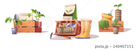 Set of Gardening Compositions with tomato and cabbage seedlings in wooden crates, soil bags, yellow rubber boots, peat pots and gardening tools on white background. Suitable for garden design and Set of Gardening Compositions with tomato and cabbage seedlings in wooden crates, soil bags, yellow rubber boots, peat pots and gardening tools on white background. Suitable for garden design and 140407151