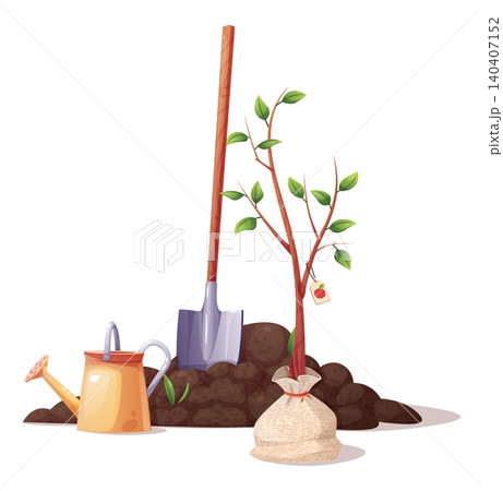 Tree Planting Set with Sapling, Shovel, Watering Can and Soil Pile. Flat Vector Illustration Perfect for Agricultural Catalog, Gardening Guide or Plant Care Tutorial. Tree Planting Set with Sapling, Shovel, Watering Can and Soil Pile. Flat Vector Illustration Perfect for Agricultural Catalog, Gardening Guide or Plant Care Tutorial. 140407152