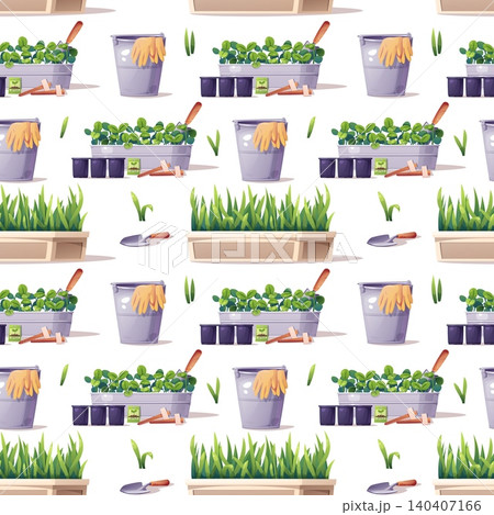 Gardening seamless pattern with growing plants and supplies. Rectangular planters with green sprouts, purple pots, eco soil bags, seed packets, wooden markers and hand tools. Perfect for textile, Gardening seamless pattern with growing plants and supplies. Rectangular planters with green sprouts, purple pots, eco soil bags, seed packets, wooden markers and hand tools. Perfect for textile, 140407166