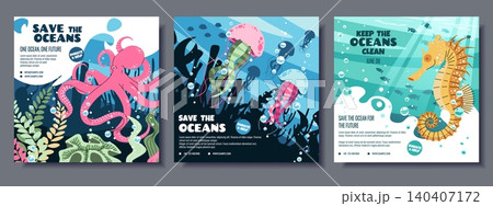 Set of Save the Oceans posters with pink octopus, colorful jellyfish and seahorse. Marine conservation templates with contact info and slogans. Flat vector illustration for social media and banners. Set of Save the Oceans posters with pink octopus, colorful jellyfish and seahorse. Marine conservation templates with contact info and slogans. Flat vector illustration for social media and banners. 140407172