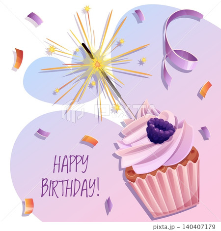 Happy Birthday Greeting Card Design. Cute Cupcake with Pink Frosting and Blackberry, Bengal Sparkler with Golden Sparks, Festive Confetti and Purple Ribbon. Celebration Invitation Template for Social Happy Birthday Greeting Card Design. Cute Cupcake with Pink Frosting and Blackberry, Bengal Sparkler with Golden Sparks, Festive Confetti and Purple Ribbon. Celebration Invitation Template for Social 140407179