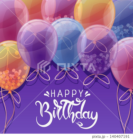 Happy Birthday Square Greeting Card. Colorful Transparent Balloons With Confetti Inside And Solid Balloons On Purple Background. Perfect For Banner, Social Media Post, Flyer Or Invitation. Happy Birthday Square Greeting Card. Colorful Transparent Balloons With Confetti Inside And Solid Balloons On Purple Background. Perfect For Banner, Social Media Post, Flyer Or Invitation. 140407191