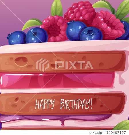 Happy Birthday Square Greeting Card. Layered Sponge Cake with Blueberries and Raspberries on Top. Perfect for Banner, Social Media Post, Flyer or Invitation. 140407197