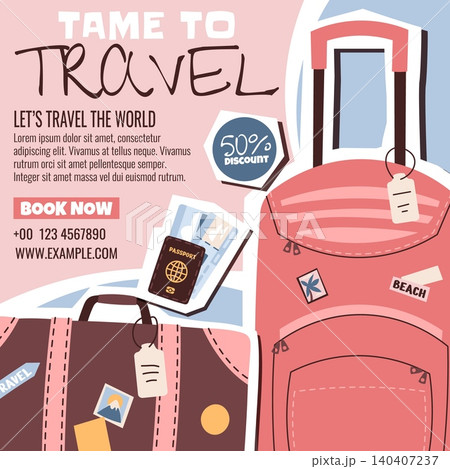 Travel Agency Banner With Pink Rolling Suitcase And Brown Vintage Luggage In Trendy Collage Style. Passport, Tickets And Discount Badge Layout. Flat Vector Illustration For Social Media Post About 140407237
