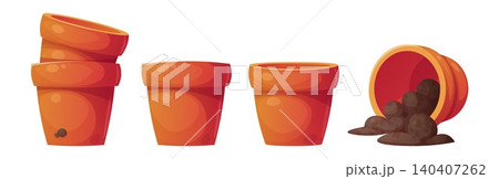 Set of terracotta flower pots. Stacked pots, empty containers and a pot with spilled soil on white background. Flat vector illustration. Perfect for gardening guide, plant care tutorial or educational Set of terracotta flower pots. Stacked pots, empty containers and a pot with spilled soil on white background. Flat vector illustration. Perfect for gardening guide, plant care tutorial or educational 140407262