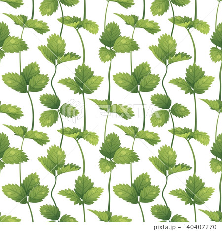 Botanical seamless pattern with green strawberry leaves and stems. Wild strawberry foliage, serrated leaves and organic vines. Perfect for textile, fabric, wrapping paper or background. Botanical seamless pattern with green strawberry leaves and stems. Wild strawberry foliage, serrated leaves and organic vines. Perfect for textile, fabric, wrapping paper or background. 140407270