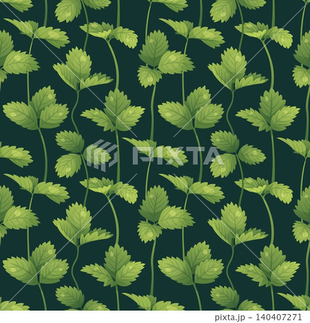 Botanical seamless pattern with green strawberry leaves and stems. Wild strawberry foliage, serrated leaves and organic vines. Perfect for textile, fabric, wrapping paper or background. Botanical seamless pattern with green strawberry leaves and stems. Wild strawberry foliage, serrated leaves and organic vines. Perfect for textile, fabric, wrapping paper or background. 140407271