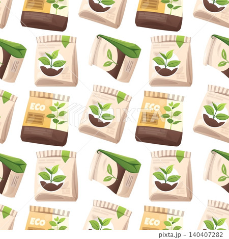 Gardening Seamless Pattern with Eco Fertilizer Bags and Green Seedlings. Flat Vector Design with Earthy Tones and Plant Sprouts. Perfect for Textile, Fabric, Wrapping Paper and Background. Gardening Seamless Pattern with Eco Fertilizer Bags and Green Seedlings. Flat Vector Design with Earthy Tones and Plant Sprouts. Perfect for Textile, Fabric, Wrapping Paper and Background. 140407282
