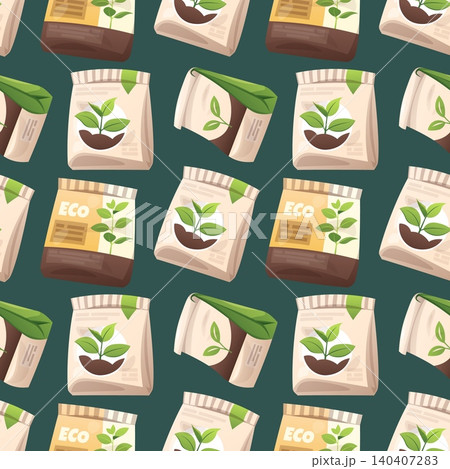 Gardening Seamless Pattern with Eco Fertilizer Bags and Green Seedlings. Flat Vector Design with Earthy Tones and Plant Sprouts. Perfect for Textile, Fabric, Wrapping Paper and Background. Gardening Seamless Pattern with Eco Fertilizer Bags and Green Seedlings. Flat Vector Design with Earthy Tones and Plant Sprouts. Perfect for Textile, Fabric, Wrapping Paper and Background. 140407283
