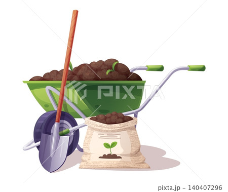 Green Wheelbarrow Full of Soil with Shovel and Fertilizer Bag on White Background. Flat Vector Illustration of Gardening Equipment. Agricultural Catalog, Gardening Guide, Landscaping Services Flyer, 140407296