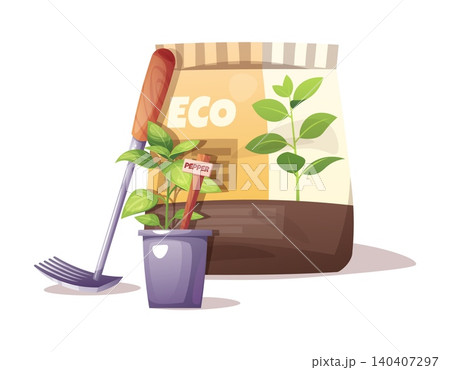 Gardening Set with Pepper Seedling, Rake and Eco Soil Bag. Flat Vector Illustration Perfect for Agricultural Catalog, Gardening Guide or Plant Care Tutorial. Gardening Set with Pepper Seedling, Rake and Eco Soil Bag. Flat Vector Illustration Perfect for Agricultural Catalog, Gardening Guide or Plant Care Tutorial. 140407297