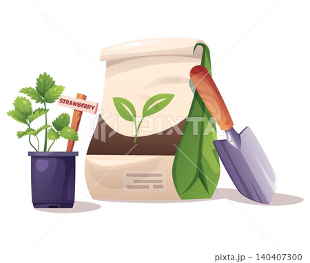 Gardening Set with Strawberry Seedling, Soil Bag and Trowel. Flat Vector Illustration Perfect for Agricultural Catalog, Gardening Guide or Plant Care Tutorial. Gardening Set with Strawberry Seedling, Soil Bag and Trowel. Flat Vector Illustration Perfect for Agricultural Catalog, Gardening Guide or Plant Care Tutorial. 140407300