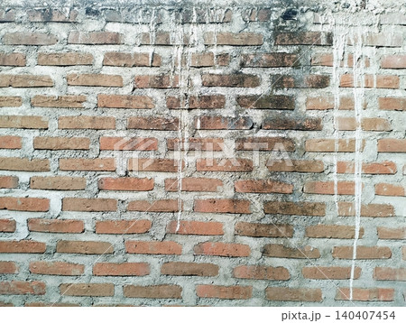 Weathered brickwork background with concrete mortar and green mossy growth. Weathered brickwork background with concrete mortar and green mossy growth. 140407454
