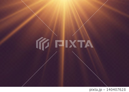 Golden light rays with a lens flare effect on a dark background, creating a glowing overlay 140407628