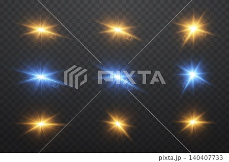 Collection of bright blue and golden starbursts and light effects simulating lens flares 140407733