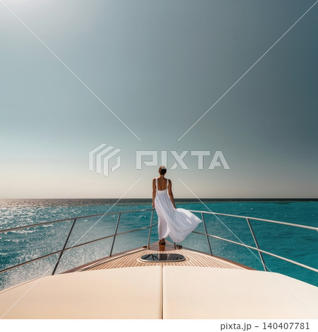 Young woman in white dress standing on yacht bow over turquoise sea Young woman in white dress standing on yacht bow over turquoise sea 140407781