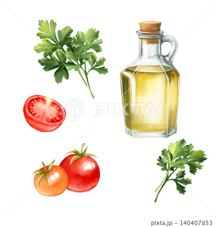 Hand-drawn illustration set with fresh red tomatoes, green parsley herb sprigs, and a glass bottle of golden olive oil Hand-drawn illustration set with fresh red tomatoes, green parsley herb sprigs, and a glass bottle of golden olive oil 140407853