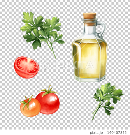 Hand-drawn illustration set with fresh red tomatoes, green parsley herb sprigs, and a glass bottle of golden olive oil Hand-drawn illustration set with fresh red tomatoes, green parsley herb sprigs, and a glass bottle of golden olive oil 140407853