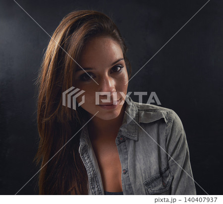 Woman, portrait and beauty or cosmetics in studio, makeup and wellness on black background. Female person, university student and aesthetic for gen z culture, confidence and smile for glowing skin 140407937