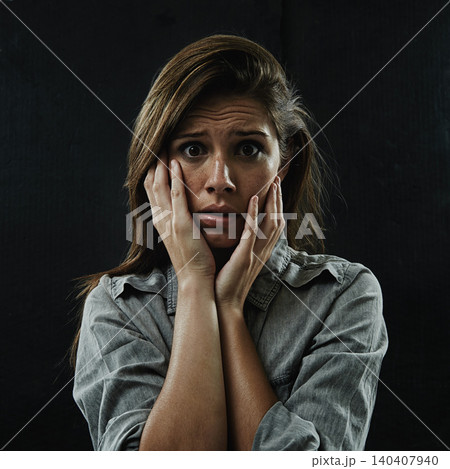 Portrait, stress and horror with phobia woman in studio on black background for reaction to fear. Face, anxiety and mental health with scared young person in dark for drama, nightmare or terror Portrait, stress and horror with phobia woman in studio on black background for reaction to fear. Face, anxiety and mental health with scared young person in dark for drama, nightmare or terror 140407940