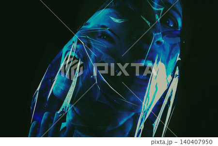 Scary, face and woman with plastic or bag in horror, drama or death in dark background of studio. Suffocating, murder and girl with fear from crime, victim and trapped in trash, garbage or pollution Scary, face and woman with plastic or bag in horror, drama or death in dark background of studio. Suffocating, murder and girl with fear from crime, victim and trapped in trash, garbage or pollution 140407950